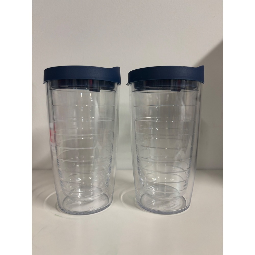 Tervis 16oz Insulated Tumbler Set of 2 Clear Navy Blue Lids Made in USA Cup